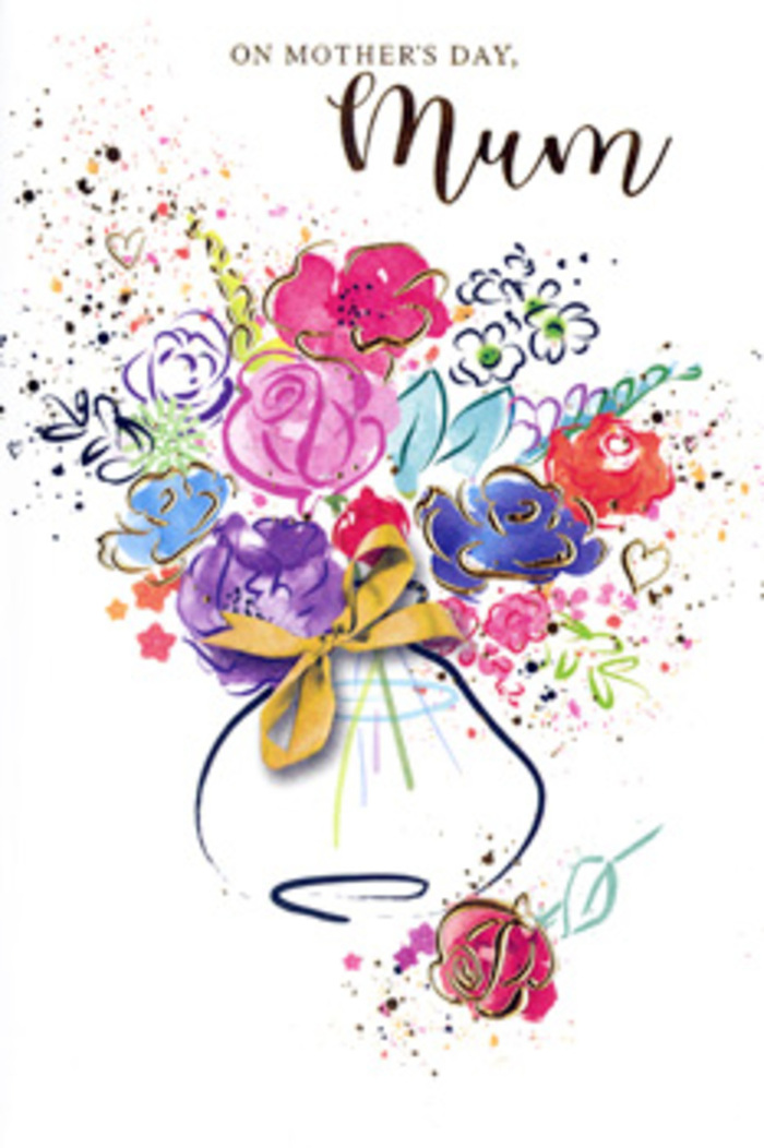 In this expressive Mother's Day card artwork, the bouquet appears as though it has been captured mid-bloom, a lively study in colour and emotion rather than strict botanical accuracy. Hot pink and cerise flowers sit at the heart of the design, layered with sweeping strokes that feel as free as a walk along the docks in Millwall on a breezy spring afternoon. Around them, flashes of indigo, soft lilac, pale blue and apricot mingle with chartreuse greens, suggesting a mixed spring arrangement gathered from a local florist just off the river. Each bloom is heightened with delicate golden detailing: fine lines tracing the curves of petals, tiny flecks that sparkle like sunlit pollen, and hints of metallic leaf veining. These gilded touches lend the illustration a gentle glow, as if the bouquet is lit from within by the warmth of a mother's embrace. The vase below is stylised and whimsical, its rounded silhouette suggested by fluid strokes and finished with a neat golden bow that recalls the finishing touch a florist ties before sending out a Mother's Day delivery across Millwall and neighbouring Canary Wharf. Around the bouquet, playful splashes, hearts and specks of colour drift across a clean white field, keeping the composition airy, almost musical. There is a sense of careful intention behind the apparent spontaneity, much like the way a florist balances height, texture and hue when creating something truly personal. This card feels less like a flat print and more like a keepsake sketch, a tender interpretation of a bouquet that will continue to bloom quietly in memory long after Mother's Day has passed.