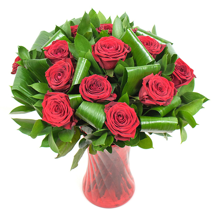 This photograph presents a meticulously composed bouquet of deep crimson roses, approximately a dozen or more, each bloom full and velvety with petals that curl and layer in perfect spirals. The roses are richly hued, their saturated red deepening toward the petal bases and illuminated by soft, even studio light that reveals subtle veins and a plush surface. Interwoven among the roses is a thick complement of dark green foliage: smaller, glossy leaves provide a dense, verdant matrix while broader, brighter green leaves have been folded, rolled, and artfully coiled into elegant arcs and cylinders that cradle the flowers and introduce sculptural rhythm. The piece is seated in a tall, slender ruby red glass vase with a faintly ribbed, twisting texture; its gentle waist and flared mouth create a classical silhouette while the glass catches vertical streaks of light that harmonise with the bouquet's form. Set against a pure white background, the arrangement becomes the sole focal point, the colours vivid and the craftsmanship clear. The overall impression is one of refined passion and contemporary elegance - a bouquet suited to an intimate anniversary or a sophisticated Valentine's gift - and it evokes the warm, nostalgic scent of fresh roses. Picture this on a dining table in Millwall, near Mudchute Park, or as a thoughtful surprise delivered across the Isle of Dogs, where local neighbours appreciate carefully made floral statements that balance tradition with modern style.