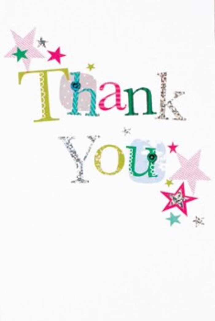 There's a quiet exuberance to this thank you card, its graceful composition readily evoking the gentle warmth often found in Millwall's close-knit community gatherings. Each letter of 'Thank You' unfolds in unique shades-some playful, with dotted patterns and animated curves, others poised with a musical grace, their hues ranging from glittering silver to spring green and cooling blue. Around the message, a constellation of vibrant stars-striped in pinks or shimmering with turquoise and silver-forms a festive border, as if casting celebratory light reminiscent of sunset reflections on the Millwall Docks. The design is airy, almost weightless, with ample white space allowing every element to stand out, much like the wide-open lawns at Millwall Park. A subtle sophistication pervades the card; it bridges the gap between festive and formal, making it a wonderfully versatile token of gratitude. As a professional florist working in Millwall, I envision including this card with arrangements sent for birthdays, thank-yous, or just to brighten a friend's day on Ferry Street. Its artistry, tactile embellishments, and radiant palette match the heartfelt, memorable acts of kindness exchanged daily in the neighbourhood. This card feels as uplifting as a fresh bouquet delivered with care, lingering in the heart long after the flowers have faded.