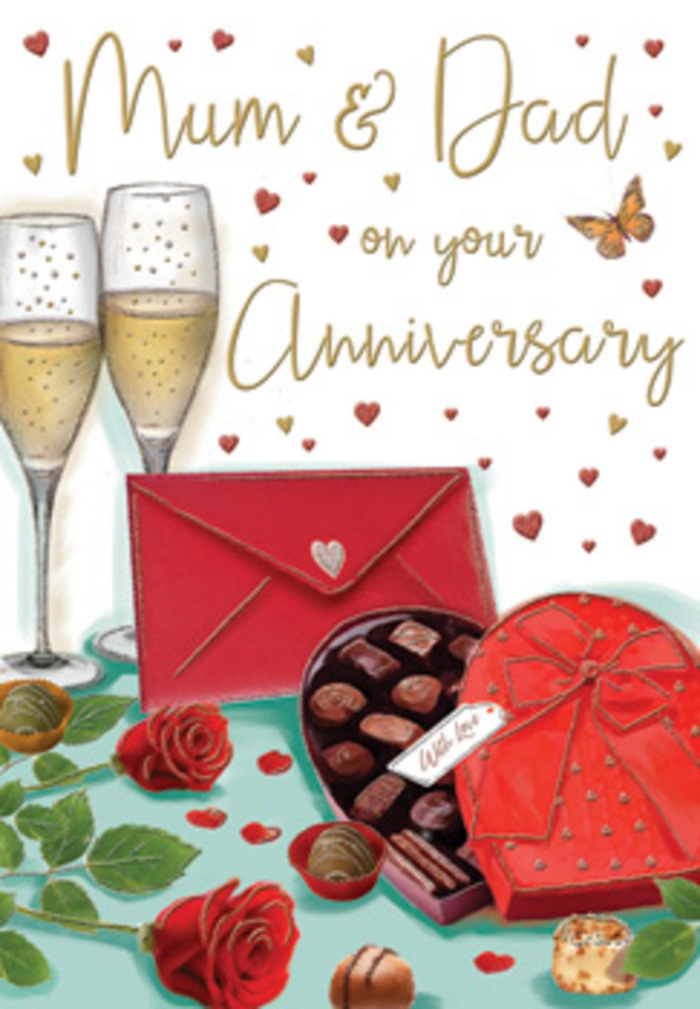 This card design for a Mum & Dad anniversary unfolds like a romantic still life carefully arranged on a polished table, echoing the thoughtful gestures families around Millwall make to honour long-standing love. At the heart of the scene, a pair of champagne flutes stands close, their crystal-clear sides reflecting a gentle, amber-gold light. Each glass is filled with sparkling wine, delicate bubbles drifting upward in thin, festive streams that suggest laughter and stories shared late into the evening. In the foreground, taking pride of place, is a heart-shaped box of chocolates, its rich red casing wrapped with an opulent satin bow in a deeper scarlet hue. The bow's loops and tails spill over the box like soft fabric, and the lifted lid reveals an orderly selection of chocolates, smooth and glossy, some perhaps dusted lightly for texture, arranged invitingly. Nestled near the box are two lush red roses, a vivid ruby shade, with petals that appear almost touchable in their softness, edged by dark green leaves that add contrast and depth, reflecting the quality stems a florist would hand-pick for an anniversary bouquet. Scattered chocolates on the tabletop hint at indulgent sharing. To the side, a matching crimson envelope lies ready, its small heart detail implying a private, handwritten note of thanks and affection. Around the composition, tiny gold and crimson hearts drift across a warm, cream-toned background, framing the hand-lettered Mum & Dad greeting in a halo of gentle festivity. The overall mood is one of intimate celebration, like a treasured evening spent at home after a riverside walk near Millwall's docks, with fragrance, sweetness, and quiet joy woven through every detail.