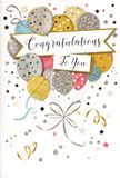 This congratulations card presents a joyful, balloon-filled scene that feels both playful and sophisticated, like a carefully planned celebration in miniature. A bouquet of rounded balloons rises from the lower centre, each balloon slightly overlapping the next in soft layers of colour-lustrous gold, bright silver, champagne beige, powdery sky blue, tender blush pink, and understated grey. The surfaces of the balloons are adorned with delicate patterns of twinkling stars, fine glitter dusting, and slim metallic bands, so that the whole cluster seems to shimmer gently, as if catching soft evening light drifting over Millwall's riverside. Slender, curling strings in gold and silver ink flow down from the balloons, winding toward a single meeting point, tying the composition together with an elegant, celebratory gesture. Around the central bouquet, tiny scattered stars, loops of ribbon, and flecks of confetti float across a pale, almost luminous background, suggesting movement and laughter, like the echoes of a party that has just begun. A graceful banner arcs across the middle, carrying the message Congratulations To You in flowing, traditional calligraphy that suggests sincerity and thoughtfulness rather than anything overly loud. The printing hints at a mix of smooth and gently raised textures, with glittery and glossy accents you can almost feel beneath your fingertips, similar to the tactile pleasure of running a hand along fine wrapping paper or a ribbon-bound bouquet. Overall, the image conveys buoyant happiness and proud recognition, an ideal companion to fresh flowers sent to celebrate exam results, a new job, or a special personal triumph for someone in Millwall or the nearby Docklands.