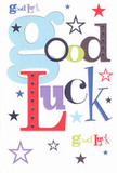 A large good luck card lies against a neutral backdrop, its bright white surface acting like a clean canvas for an explosion of colour and optimism. The words Good Luck dominate the centre in oversized, playful lettering, each character in a different style and shade, as if carefully chosen by a designer with a painter's eye. A baby-blue g curves gently across the card, softened by the coolness of its pastel tone, while deep reds, mossy greens, and rich purples bring warmth and a sense of celebratory importance to the message. Between and around the letters, small stars of varying sizes scatter outward in navy, cobalt, sky-blue, lavender, and hints of lime, like confetti tossed into the Millwall evening sky over the docks. Some stars are solid and bold, others faint and airy, creating depth and movement across the otherwise smooth, matte card. Up close, you can almost feel the crisp weight of the quality cardstock, cool and flat beneath your fingertips, similar to the premium message cards we tuck into bouquets at Flowers Millwall. The lighting is soft and even, with no harsh shadows, allowing every hue to appear clear and inviting, perfect for a heartfelt send-off before an exam, a new job at Canary Wharf, or a big move away from the Isle of Dogs. The overall impression is of a simple, modern design that still carries a powerful emotional punch, like a friend's steady hand on your shoulder, promising that there are stars of possibility scattered just ahead.