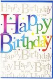 The photograph presents a joyful, contemporary birthday card whose colourful front feels as upbeat as a birthday stroll along Millwall's waterfront on a clear day. In the centre, the words Happy Birthday stretch confidently across the card in large, rounded letters, each one shifting in colour from one to the next so they form a continuous rainbow band. Deep reds melt into sunset oranges, bright sunshine yellows slip into leafy greens, and cool aquas fade into rich indigos and purples, mirroring the carefully balanced tones of a celebratory arrangement created by a skilled florist with an eye for contrast and flow. The finish of the letters looks smooth and luminous, almost as if lightly lacquered, so that every curve catches the light. Behind this bold greeting, an intricate background of repeated golden script spells out Happy Birthday to you in a delicate, looping hand. The script drifts across the card like soft musical notes, suggesting the gentle murmur of friends and neighbours around Millwall and the Isle of Dogs joining in a birthday song. Fine metallic shimmer within the gold ink picks up highlights, much like afternoon sun glancing off the glass and water near South Quay, while tiny scattered sparkles and faint star motifs add a playful, confetti-like feel. Despite the richness of the colour and detail, the layout remains clear and easy to read, with the main greeting always in the spotlight. The card conveys an atmosphere of bright, wholehearted celebration, ideal to tuck alongside a same-day birthday delivery heading to a flat overlooking Millwall Inner Dock or a family home close to Mudchute Park.