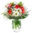 This fresh bouquet, thoughtfully composed by the Millwall waterfront, radiates joy and gentle sophistication. At its heart, plush coral-toned carnations, ruffled and full of movement, capture the warmth of a spring sunrise over the Thames. They are surrounded by snowy-white chrysanthemums and classic daisies with lively green-gold centers, each bloom contributing to a feeling of purity and youthful exuberance that matches the easy-going atmosphere of Millwall's local cafes and riverside terraces. Threads of delicate baby's breath entwine among the larger flowers, softening the bouquet into a cloud-like halo that brings the whole piece together. Bright green foliage, both broad and slender, frames the flowers and accentuates the sturdy lines of stems visible through water in a polished glass vase. From one side, a few tightly closed magenta alstroemeria buds provide a hint of future growth, deepening the palette and suggesting gentle change. The bouquet is arranged against a spotless white background, allowing its vibrant colours and textures to shine without distraction. Every element, from the luminous petals to the glossy green leaves, has been carefully placed to evoke a sense of comfort, hope, and celebration-making this arrangement a perfect choice for birthdays, new beginnings, or simply sending a note of cheer to friends and family across Millwall and the wider E14 area.
