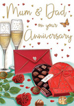 This illustrated Mum & Dad anniversary card presents a romantic, gently glowing vignette that feels personal and homely, much like a relaxed celebration in a Millwall flat overlooking the river. At the centre, two tall, slender champagne flutes stand side by side, their clear glass catching soft reflections while golden sparkling wine shimmers inside, the bubbles suspended mid-rise as if just before a toast. In front of them sits a heart-shaped chocolate box in rich, velvety red, wrapped with a wide satin ribbon tied into an extravagant bow whose loops and trailing ends curl gracefully over the lid. The box is partially open, revealing neatly arranged chocolates, each with its own shape and sheen, hinting at truffle fillings and praline centres shared slowly between loved ones. Resting close by are two deep red roses, each bloom full and velvety, the petals layered in tight spirals at the centre and loosening toward the edges, supported by glossy green leaves reminiscent of fresh stems prepared by a careful local florist. A matching scarlet envelope, sealed and slightly angled, suggests the presence of a heartfelt handwritten message inside, perhaps describing years of shared memories. Around this arrangement, delicate golden and crimson hearts float like confetti across a soft cream background, drawing attention to the hand-lettered Mum & Dad greeting above. The lighting in the illustration feels warm and diffused, as though cast by nearby candles or a lamp, giving the scene a cosy, intimate glow. Altogether, the image conveys tenderness, gratitude, and the quiet happiness of an anniversary evening spent together, where roses, chocolate, and clinking glasses mark another year of shared life.